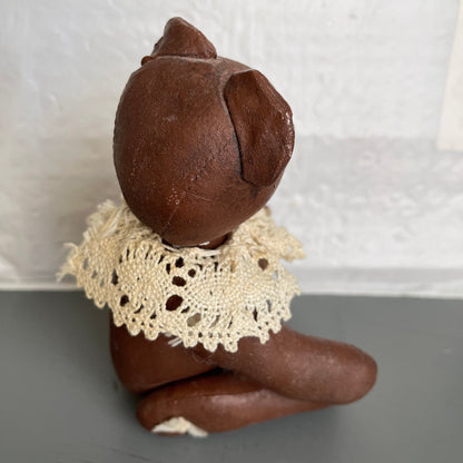 Precious Paper Mache&#39; Teddy Bear with Crocheted Collar Vintage Collectible Cottagecore Decor