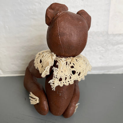 Precious Paper Mache&#39; Teddy Bear with Crocheted Collar Vintage Collectible Cottagecore Decor