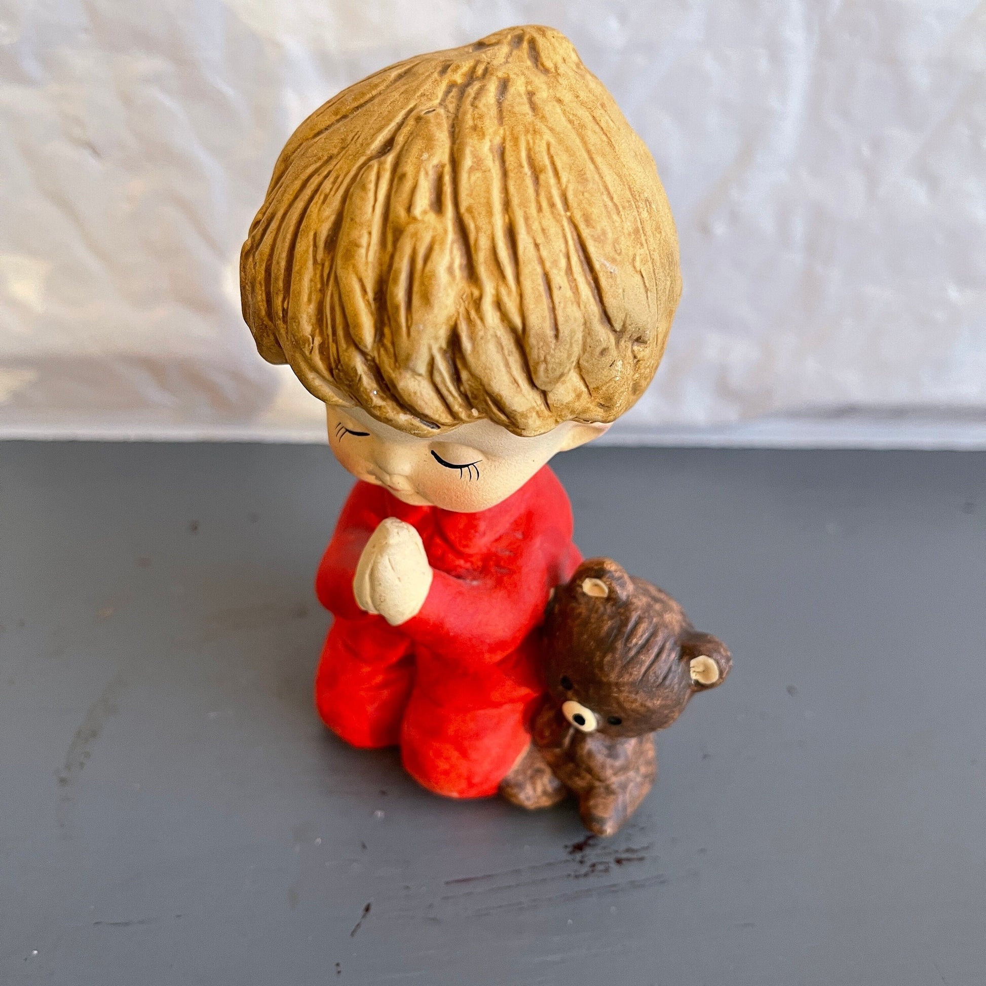 Precious Little Boy In Red PJs with Teddy Bear Saying His Prayers Porcelain Vintage Collectible Figurine