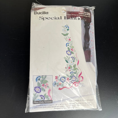 Bucilla Special Edition Blue & Violet Bouquet Pillowcase Pair 64238 Vintage 1997 Stamped Cross Stitch Kit*