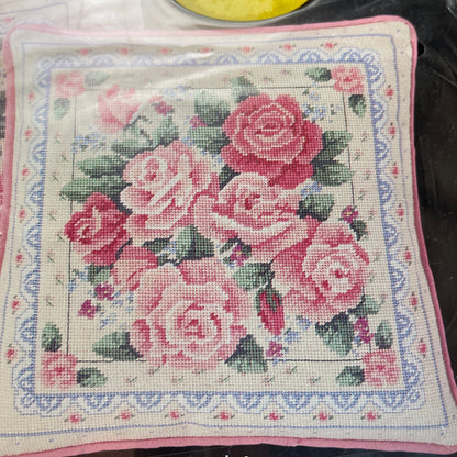 Dimensions Rose Garden Pillow Vintage 1988 Needlepoint Kit 13 by 13 inches