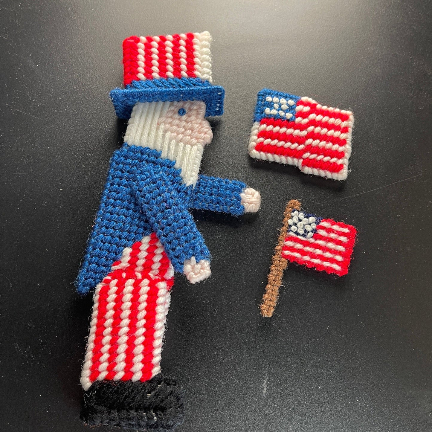 Uncle Sam plastic canvas figure 8 inches tall with bonus American Flags see pictures