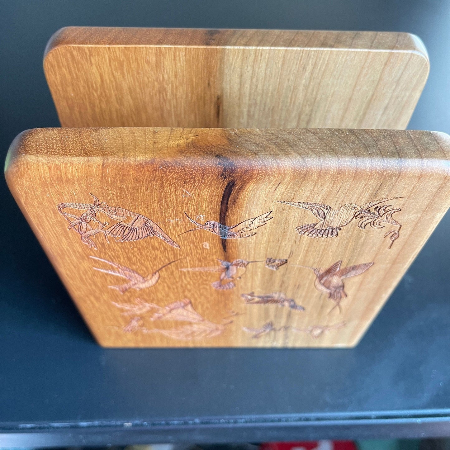 Heritage Myrtlewood Products pretty wooden Napkin holder with detailed birds carved in to front kitchen collectible