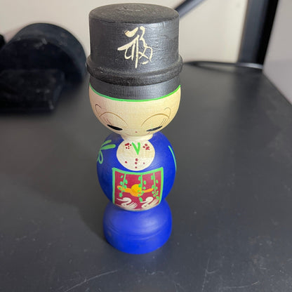 Korean Keshi Groom Boy in Black Cap and Blue Coat with Swan picture on front collectible 6 inch wooden figurine