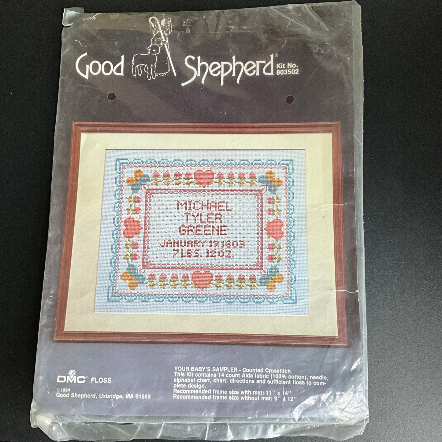 Good Shepherd Your Baby&#39;s Sampler 803502 vintage 1984 counted cross stitch kit 14 count AIDA DMC floss