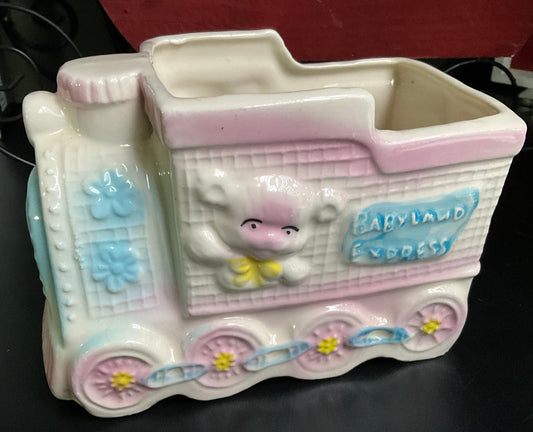 Beautiful Babyland Express teddy bear driving a choo-choo train nursery container/planter figurine