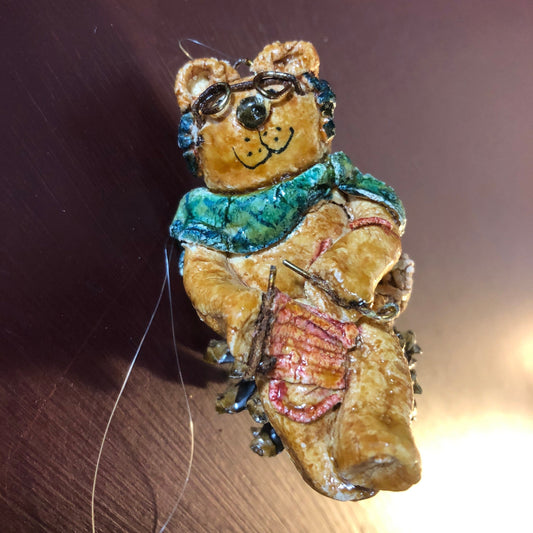 Knitting Bear Sitting On A Pine Cone Vintage 1988 Christmas Ornament