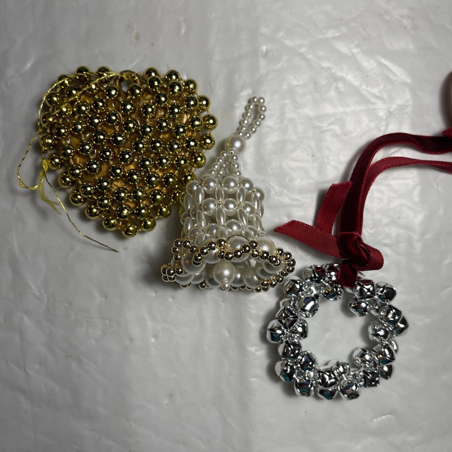 Beads and Bells Set Of 3 Gold White And Silver Christmas Tree Ornaments