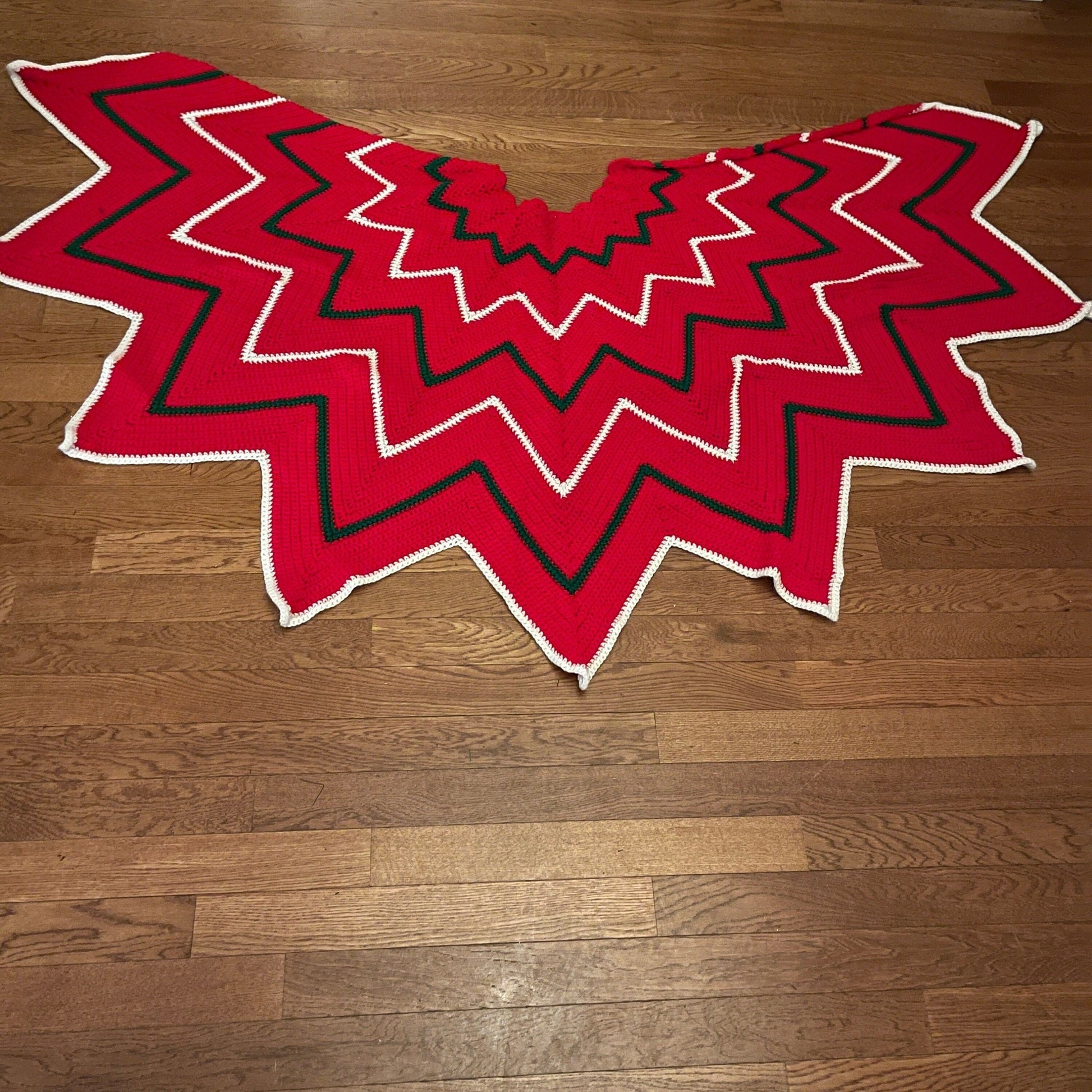 Absolutely Beautiful Hand Knitted Christmas Tree Skirt Red with White and Green Accents 84 By 42 Inches!