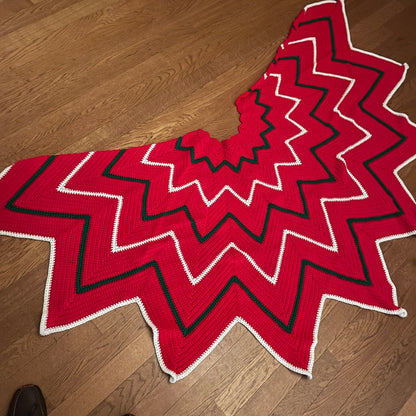 Absolutely Beautiful Hand Knitted Christmas Tree Skirt Red with White and Green Accents 84 By 42 Inches!