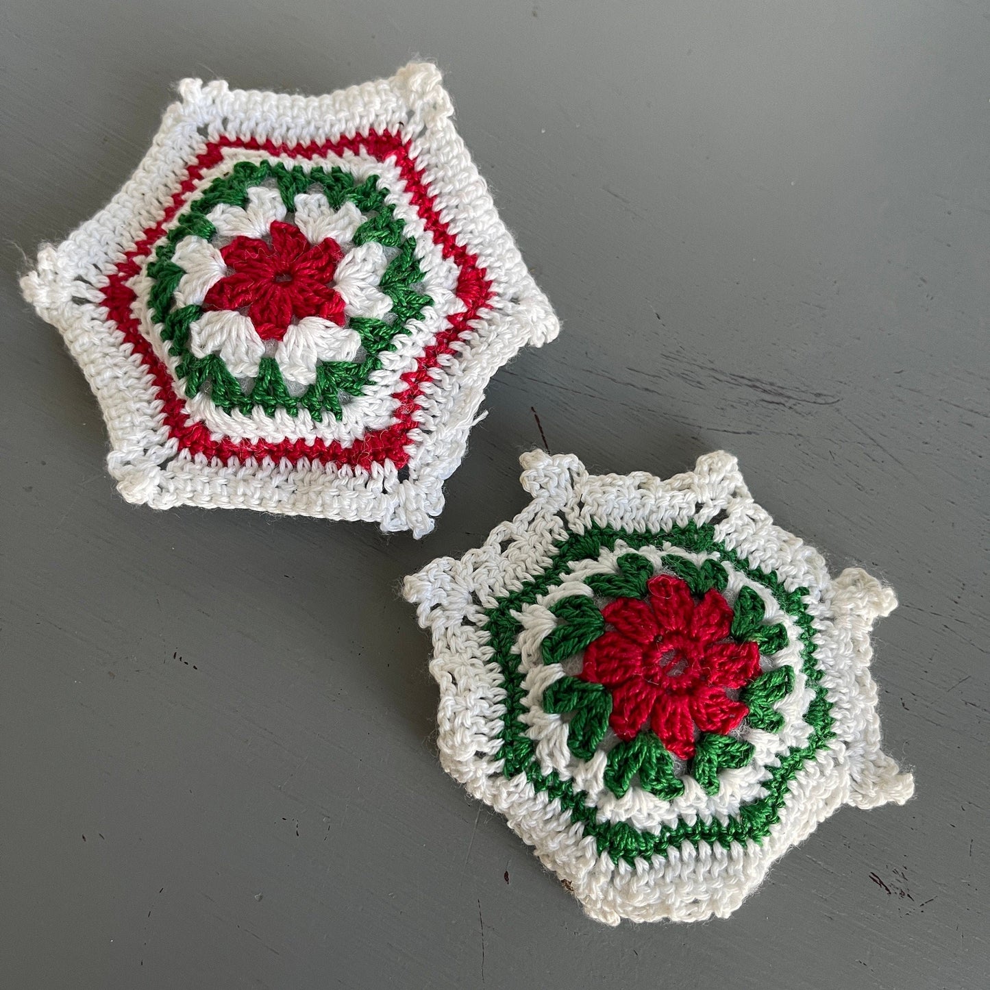 Snowflakes Pair White Red and Green Hand Crocheted Vintage Christmas Ornament