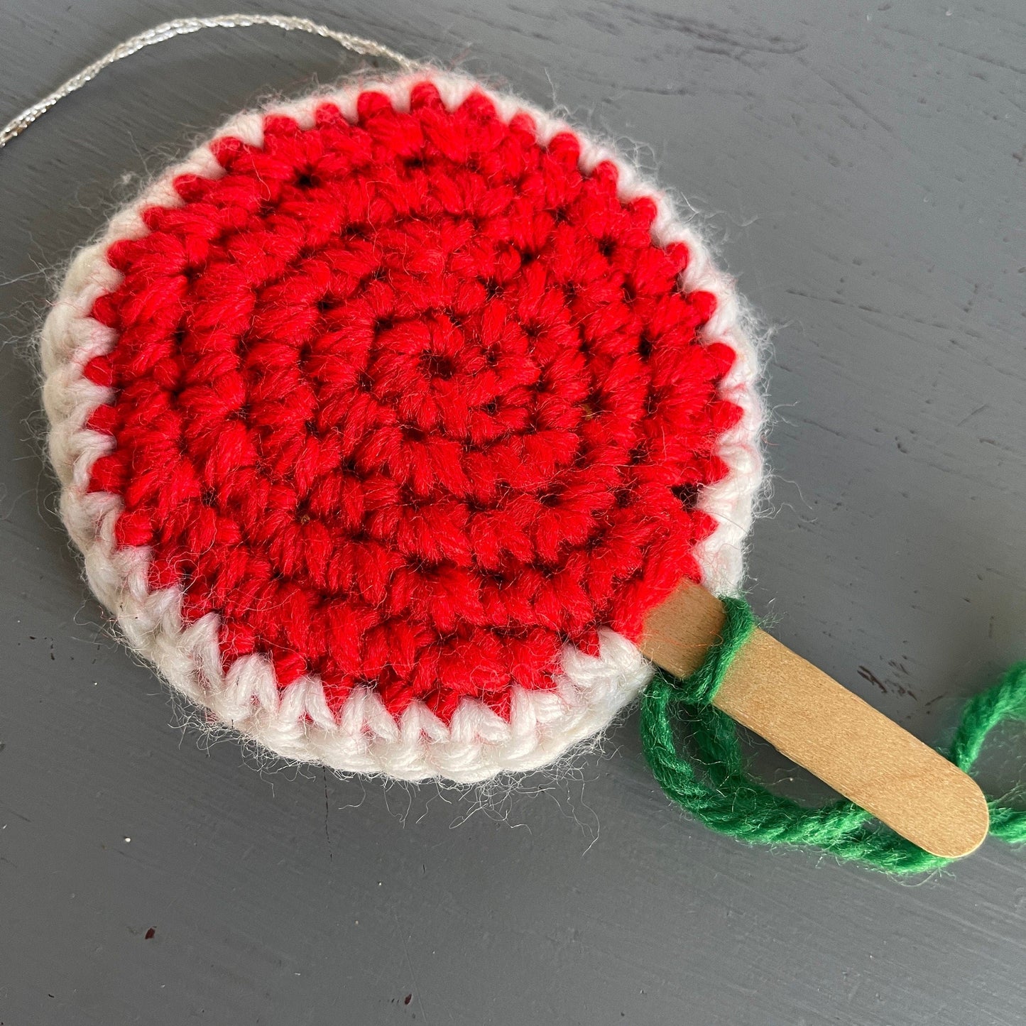 Lollipop On a Wooden Stick Hand Knitted Christmas Ornament