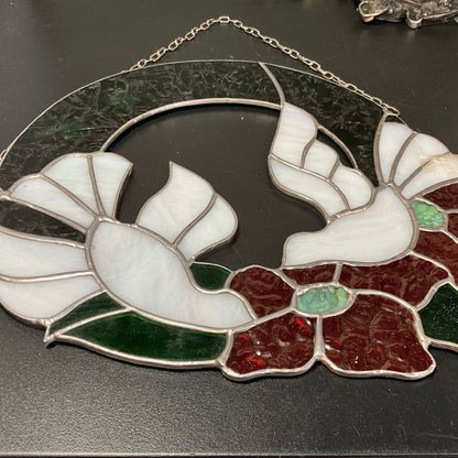 Lovely leaded stained glass love birds and poinsettias wreath large vintage window decor sun-catcher with hanger chain