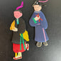 Asian couple artwork fabric and paper set of 2 vintage Christmas ornaments