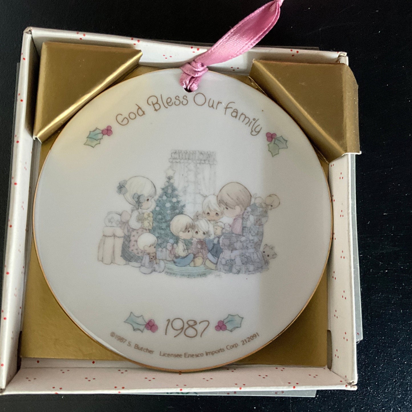 Precious Moments God Bless Our Family dated 1987 porcelain Christmas ornament