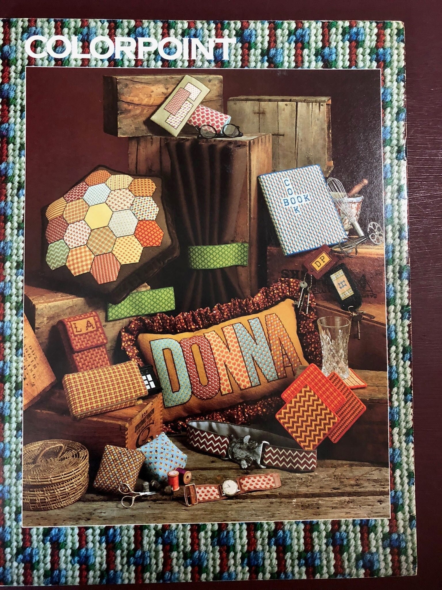 Leisure Arts Colorpoint collection of 18 colorful repeat needlepoint designs by Donna K Poster Leaflet 98 Vintage 1977