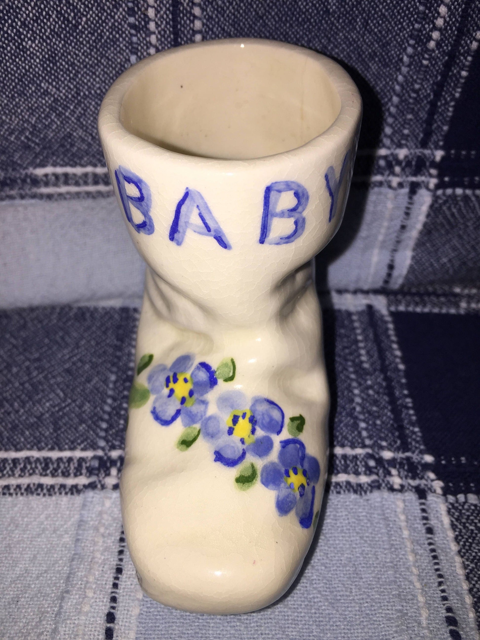 Pretty Blue Flower Motif Baby Bootie w BABY written on it, Porcelain, Vintage Collectible