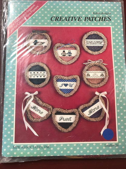 MPR Associates, Creative Patches, Robin Designs, Vintage 1986, Counted, Cross Stitch, Patterns, with Country Vine Frame Making Materials