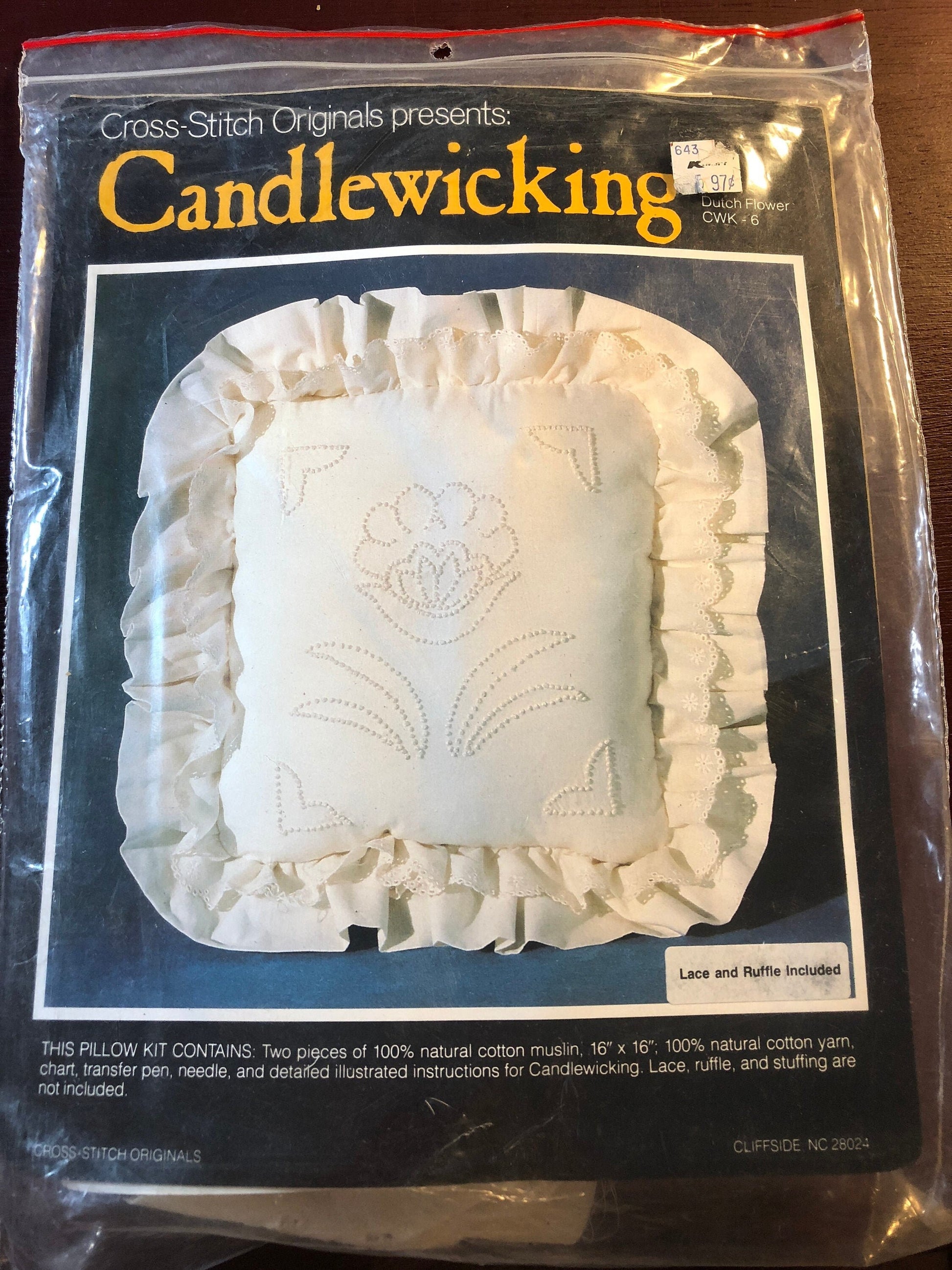 Cross Stitch Originals, Dutch Flower, Vintage Candlewicking, Pillow Kit, Includes Lace and Ruffle, 16 by 16 Inches