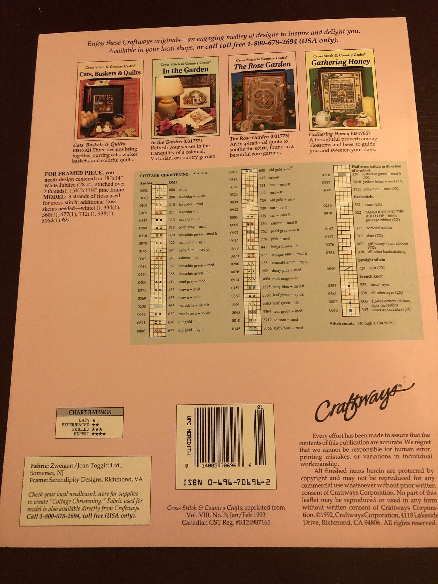 Better Homes and Gardens, Cross Stitch & Country Crafts, Cottage Christening, Lorri Birmingham, Vintage 1993, Counted Cross Stitch Chart