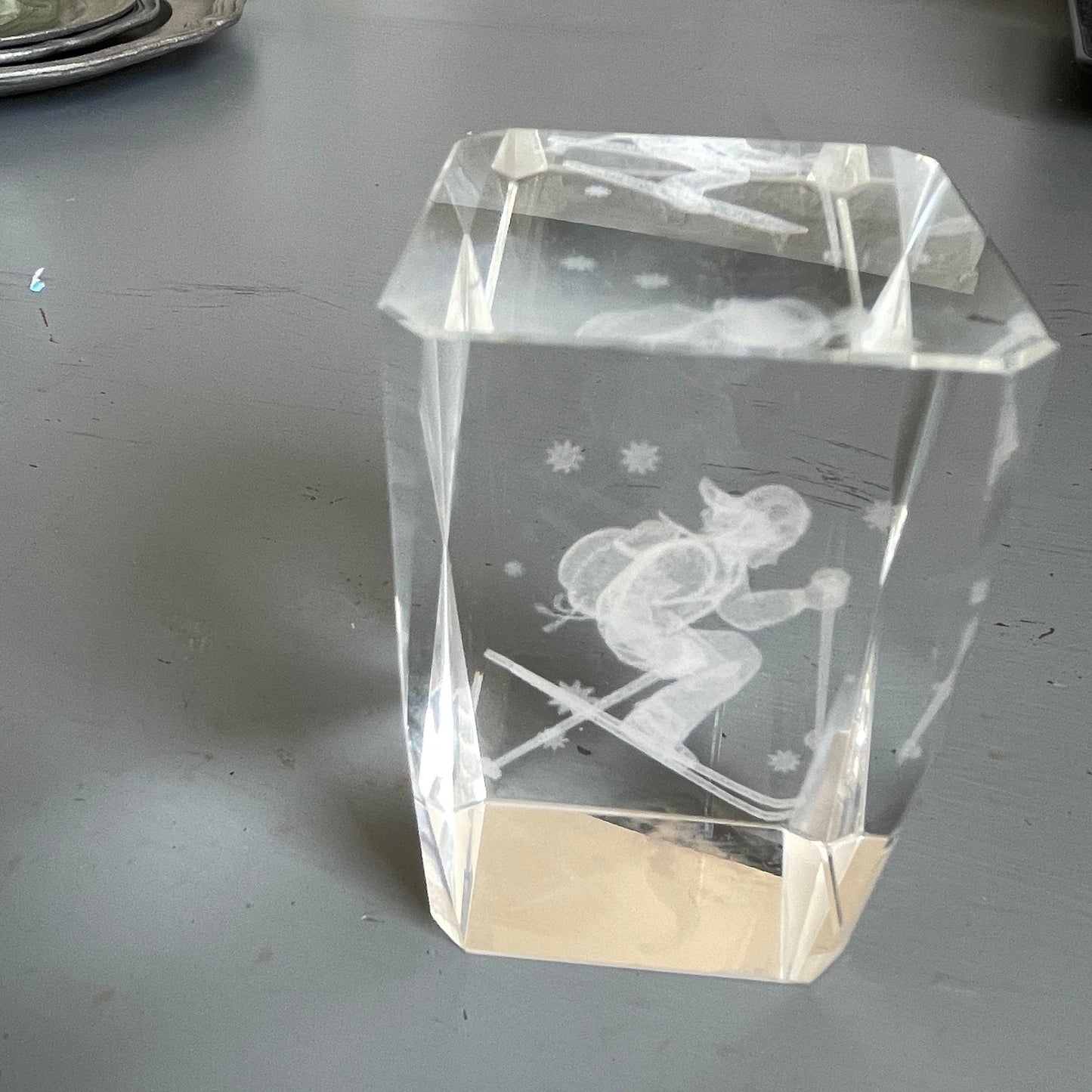 Laser Etched Glass Paper Weights, Choice of Skier, or Dolphin On Wave, Lighthouse Scene, Vintage Collectible, 3 by 2 Inches