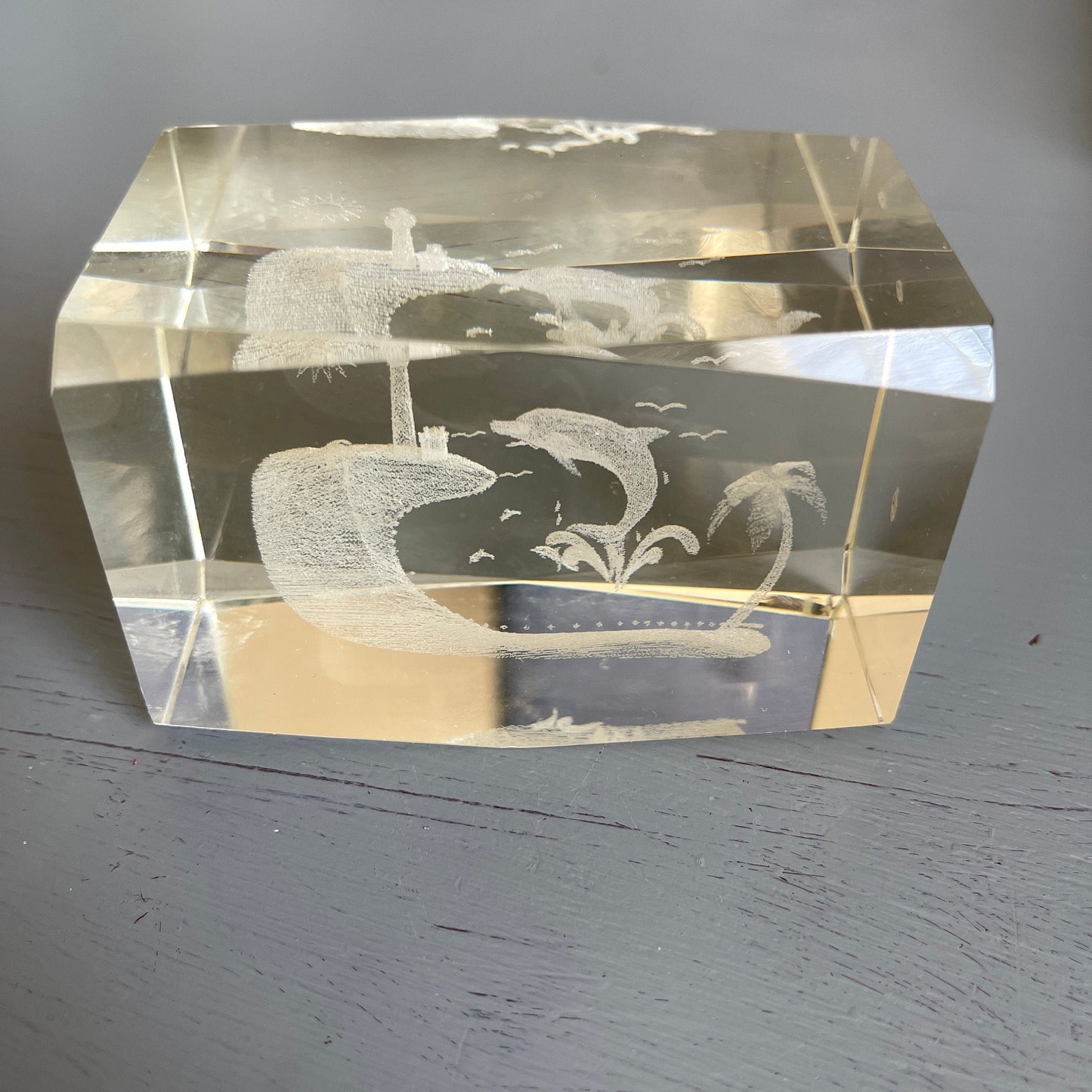 Laser Etched Glass Paper Weights, Choice of Skier, or Dolphin On Wave, Lighthouse Scene, Vintage Collectible, 3 by 2 Inches