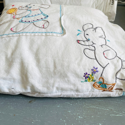 Elephants running and playing tennis, vintage hand embroidered pillowcase