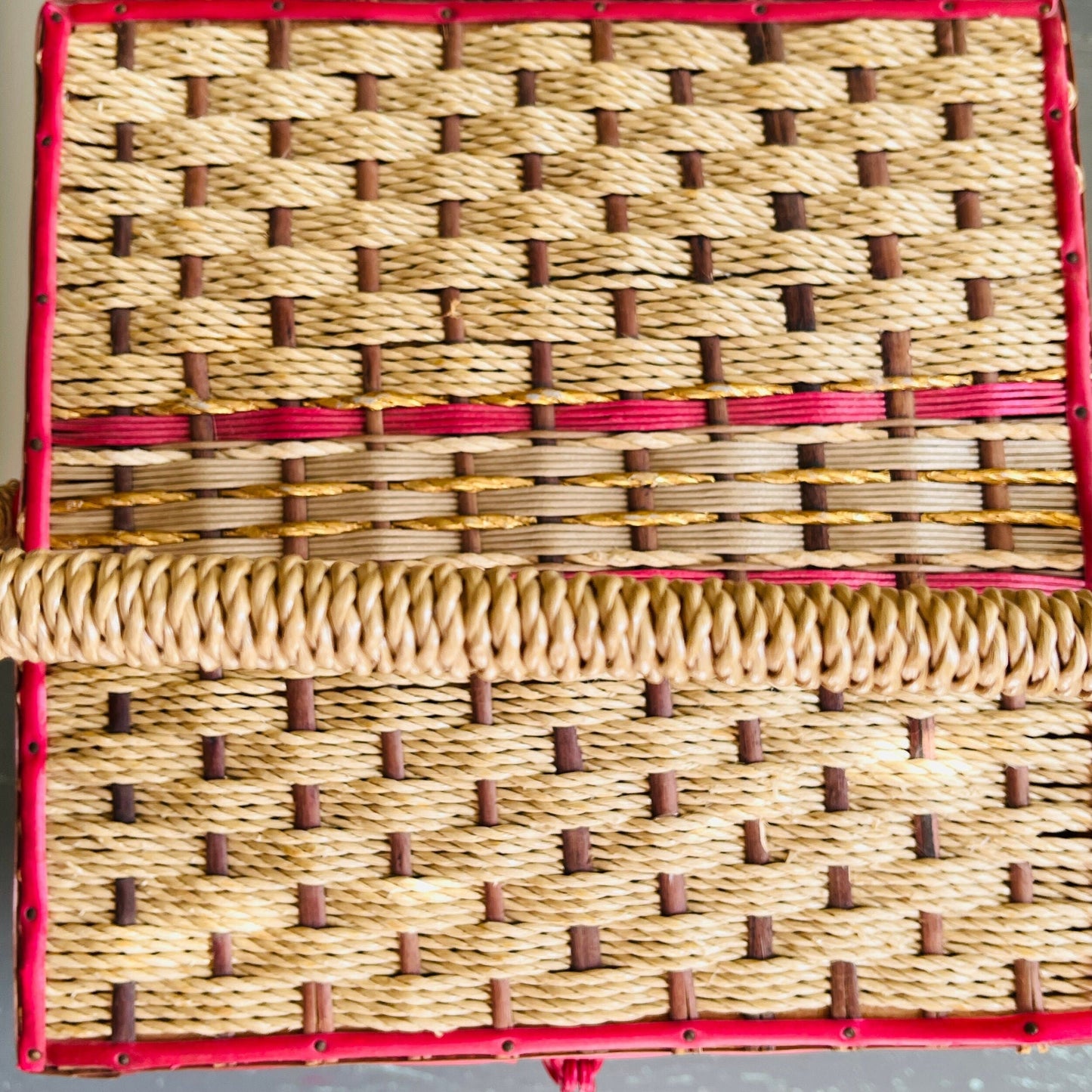 Pretty woven red, white, brown, and natural rattan, vintage sewing basket*