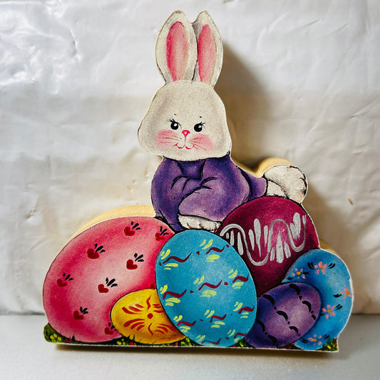 Bunnies with Colorfully Decorated Eggs, Set of 2 Wooden Cutout, 3.5 Inch Tall, Figurines, Vintage Collectibles