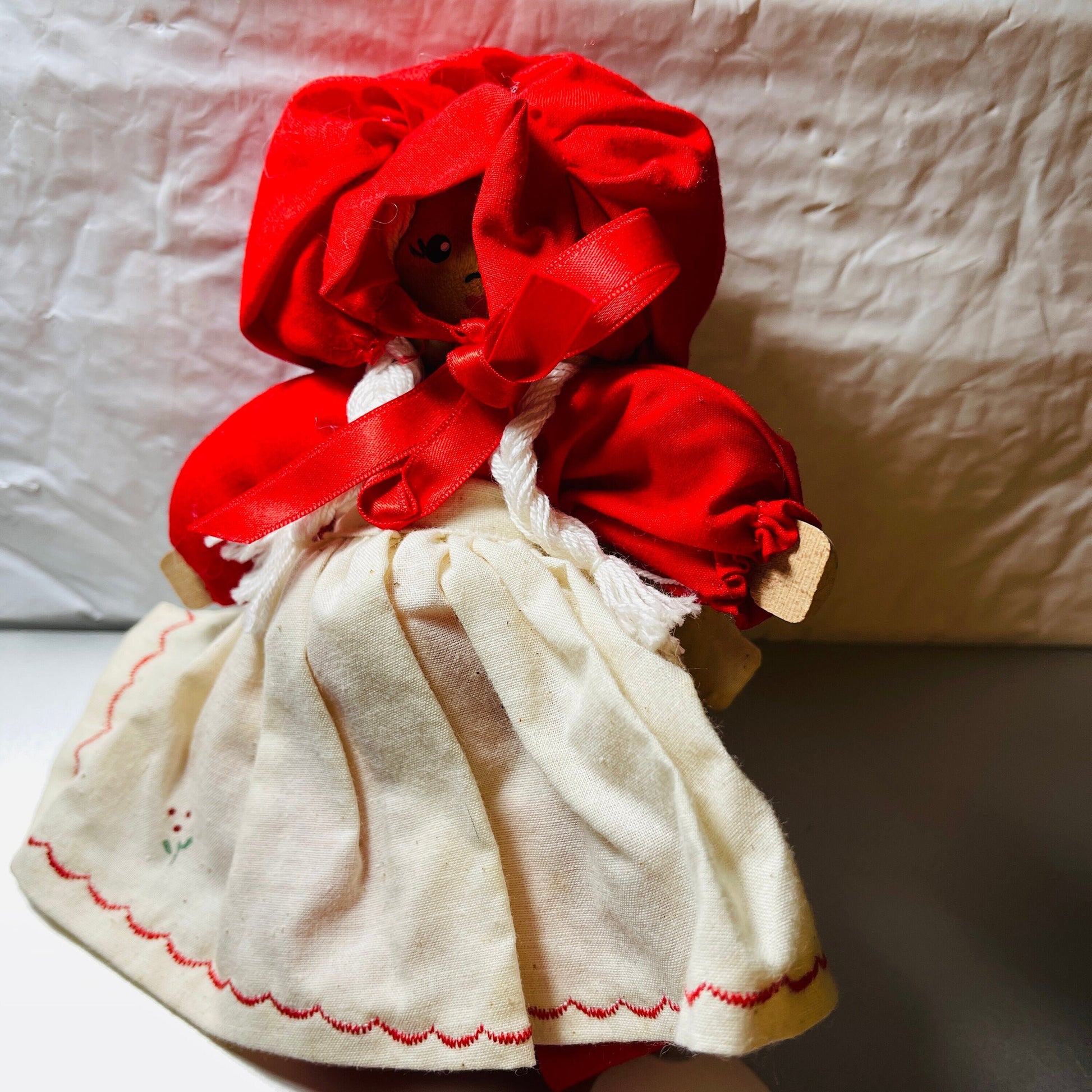 Wooden Headed, Country Doll In Red Dress, Apron and Bonnet, Vintage Collectible