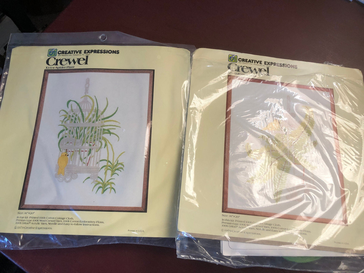 Creative Expressions, Boston Fern, X1113, Spider Plant, X1114, Set of 2, Vintage 1979, Crewel Kits, 16 by 20 Inches, Hard to Find