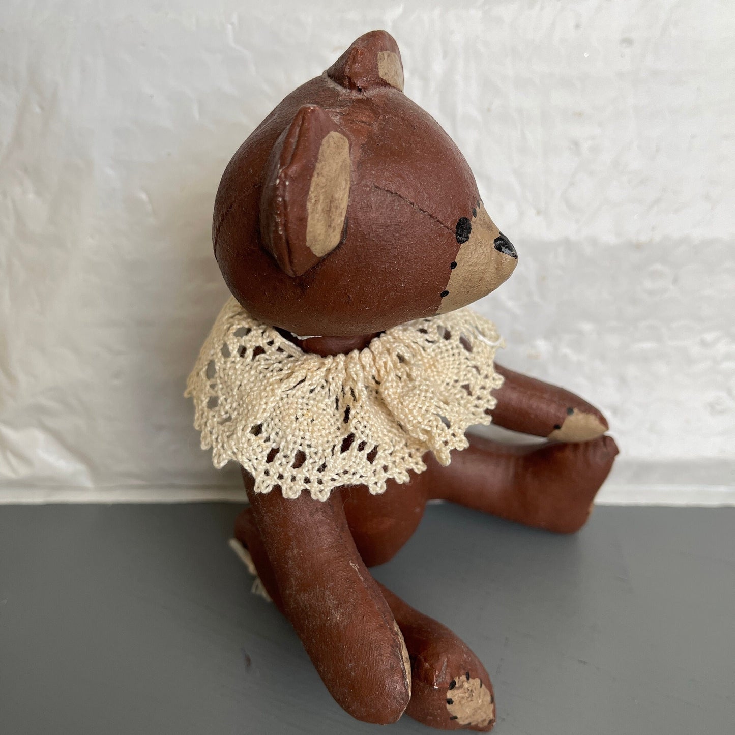 Precious Paper Mache&#39; Teddy Bear with Crocheted Collar Vintage Collectible Cottagecore Decor