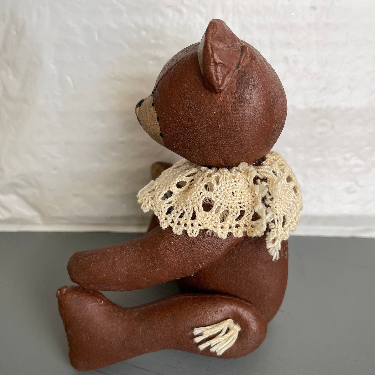 Precious Paper Mache&#39; Teddy Bear with Crocheted Collar Vintage Collectible Cottagecore Decor