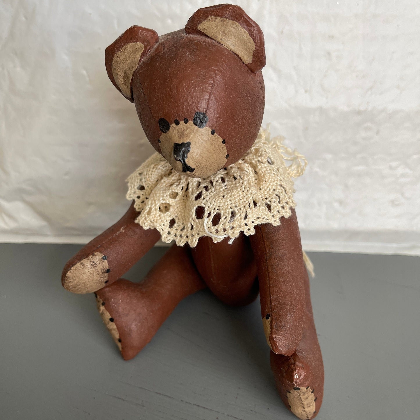 Precious Paper Mache&#39; Teddy Bear with Crocheted Collar Vintage Collectible Cottagecore Decor