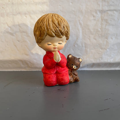 Precious Little Boy In Red PJs with Teddy Bear Saying His Prayers Porcelain Vintage Collectible Figurine