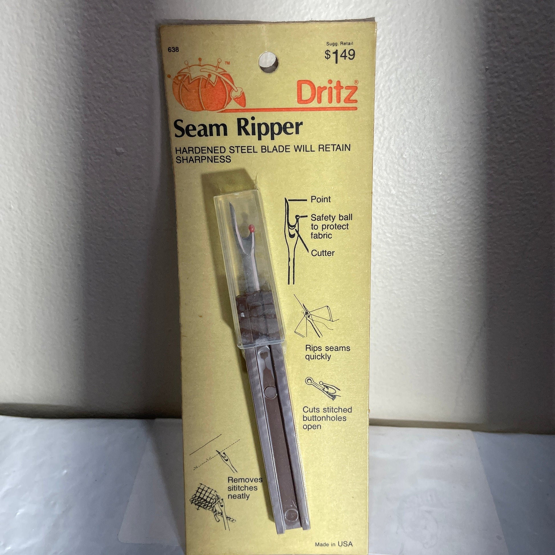 Dritz Seam Ripper with Hardened Steel Blade Vintage 1986 Sewing Notion