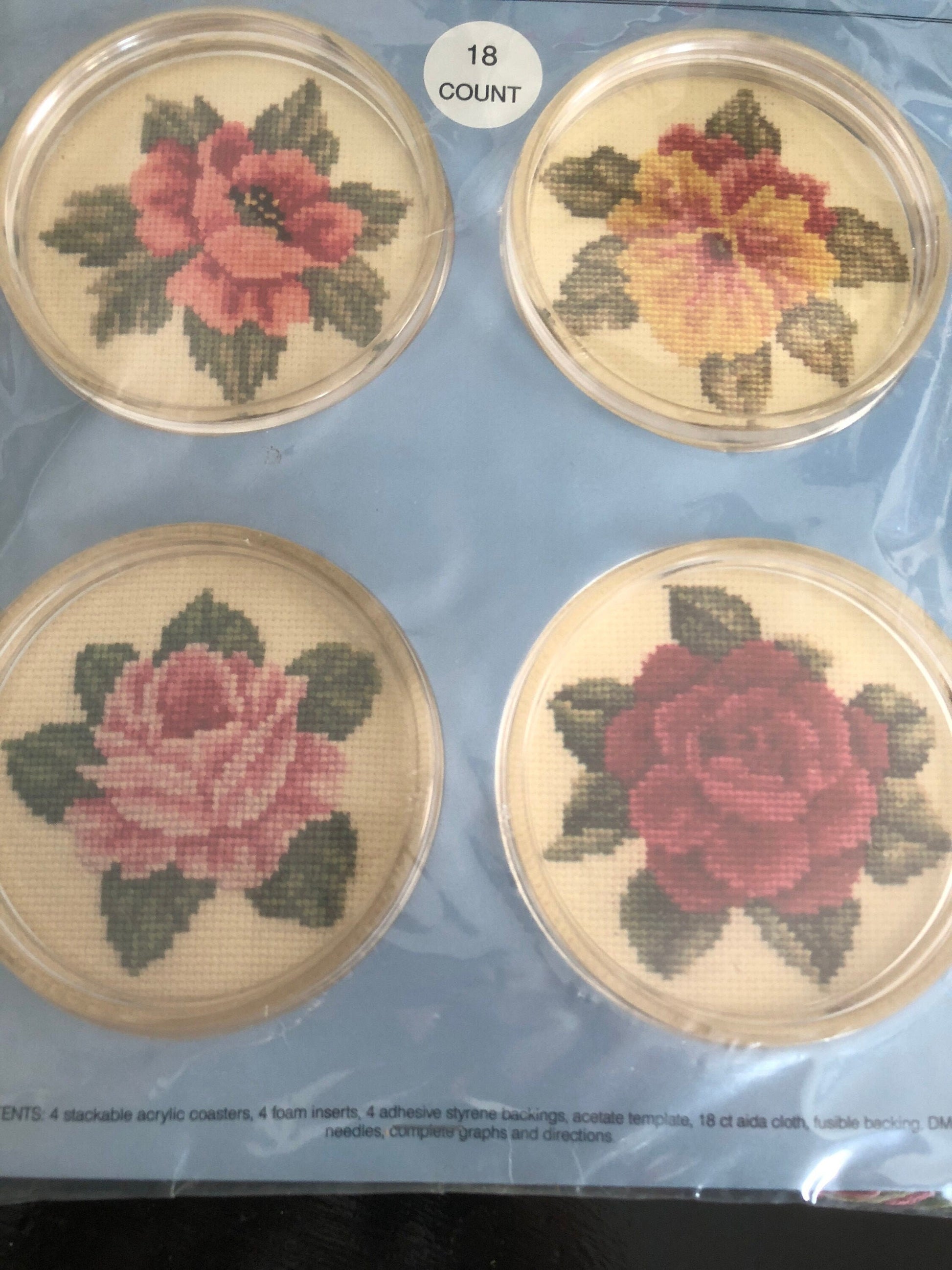 Fond Memories, Choice of 2 Different, Sets of 4 Coasters, Counted Cross Stitch Kits Golfers on 14 Count or Summer Blossoms on 18 Count