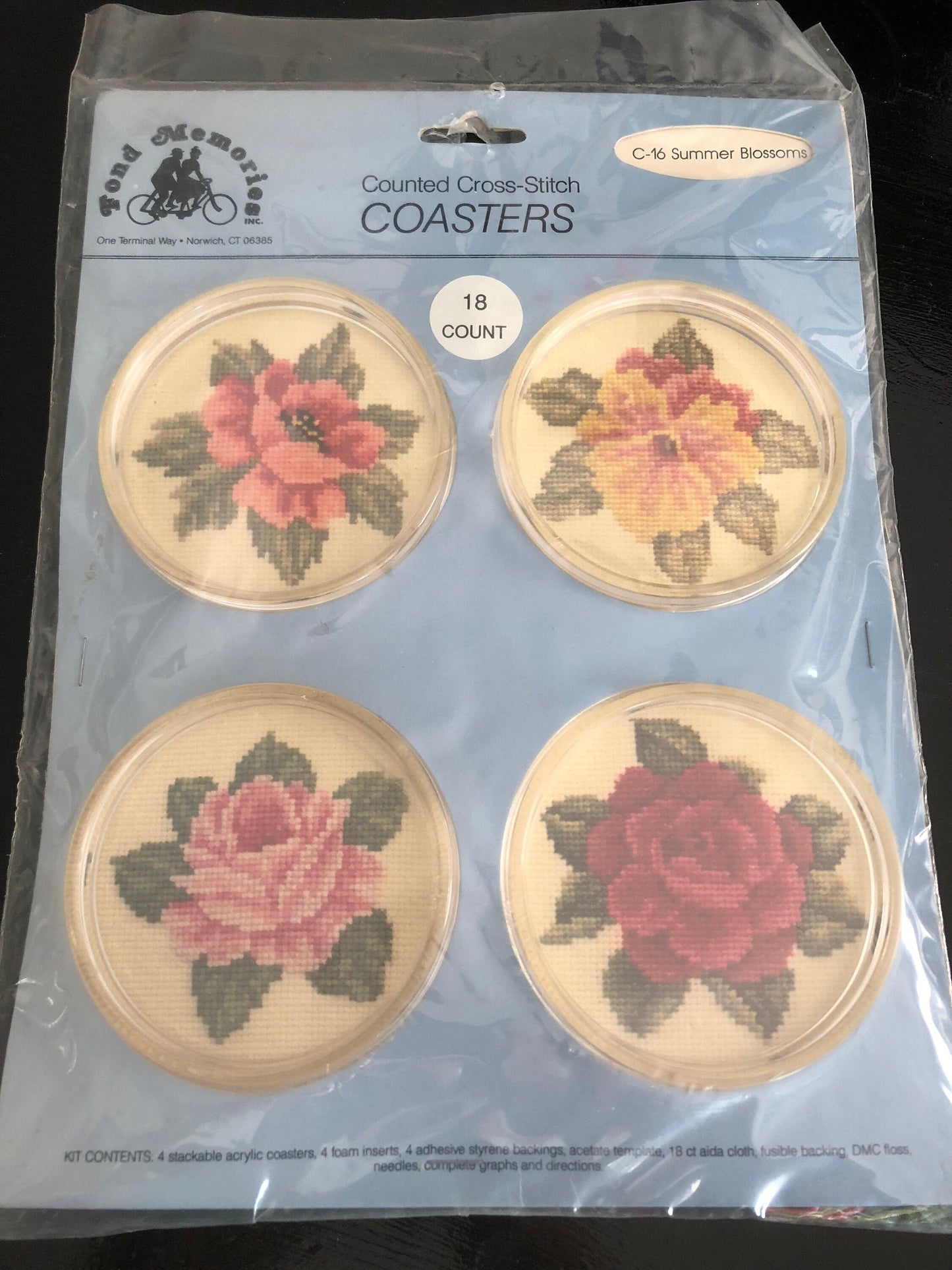 Fond Memories, Choice of 2 Different, Sets of 4 Coasters, Counted Cross Stitch Kits Golfers on 14 Count or Summer Blossoms on 18 Count