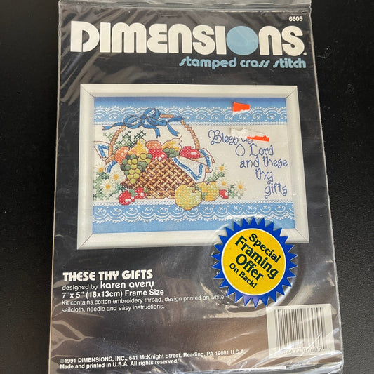 Dimensions These Thy Gifts 6605 Vintage 1991 Stamped Cross Stitch Kit 7 by 5 inches