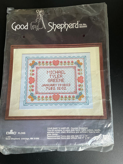 Good Shepherd Your Baby&#39;s Sampler 803502 vintage 1984 counted cross stitch kit 14 count AIDA DMC floss