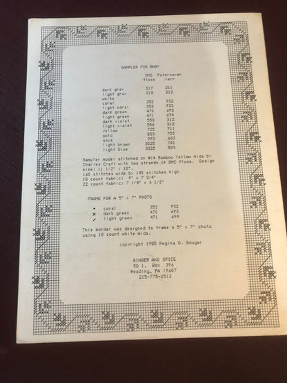 Ginger & Spice, Sampler for Baby, 8508, Ginger Gouger, Vintage 1985, Counted Cross Stitch Pattern, Very Hard To Find