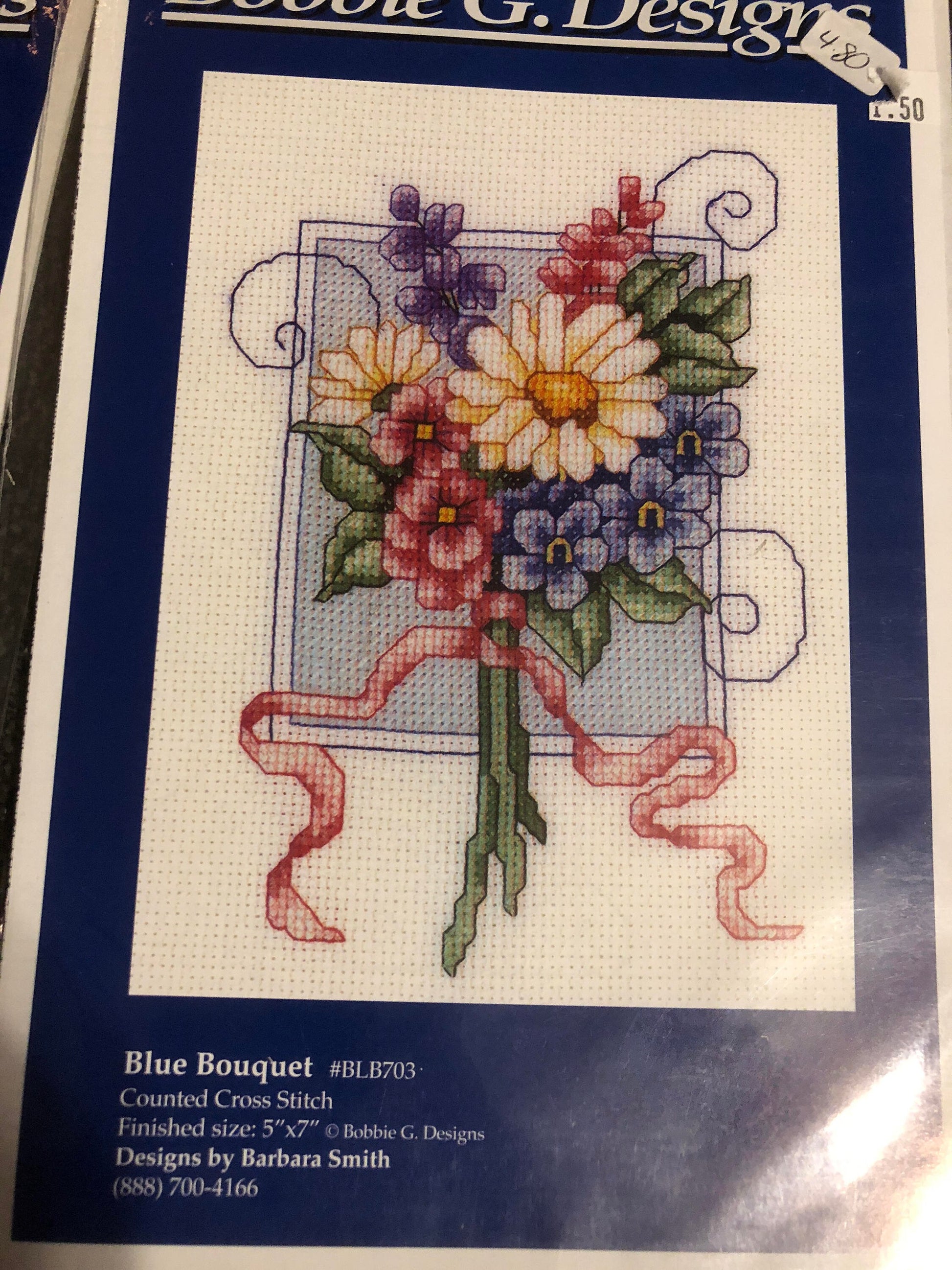 Bobbie G. Designs, Set of 3, Counted Cross Stitch Patterns Includes 3 Bouquet patterns Peach, Blue, and Pink