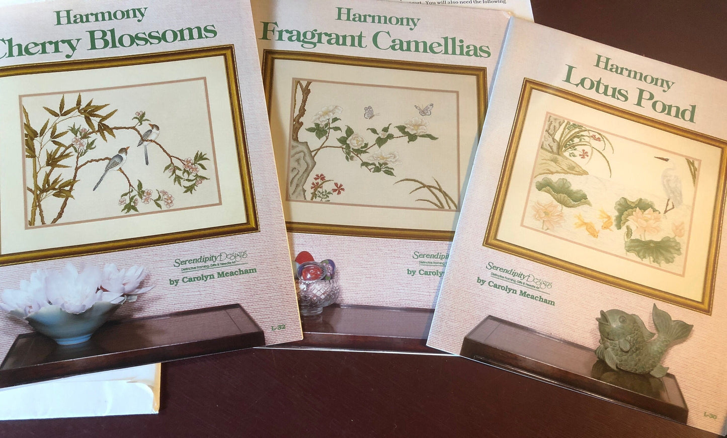 Serendipity Designs, Set of 3 Charts, Harmony, Cherry Blossoms, Lotus Pond, Fragrant Camellas, Vintage 1991*