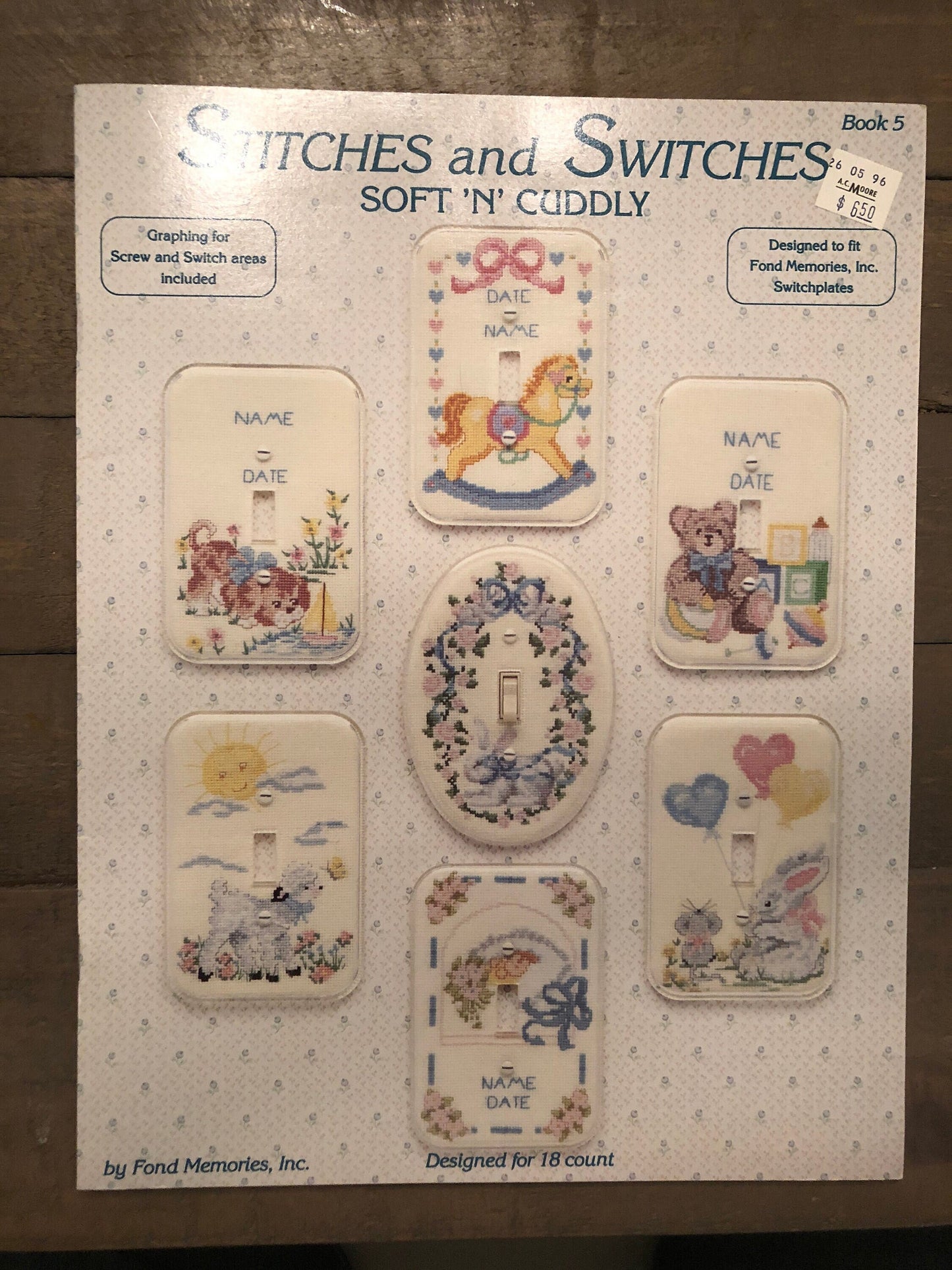 Stitches and Switches, Soft and Cuddly, Vintage 1990, Counted Cross Stitch Designs book Oval Designer Switch Plate Included*