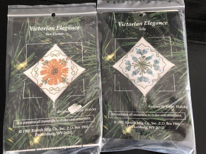 Kreinik, Victorian Elegance, Lily and Sunflower, Set of 2, Vintage 1992, Ornament Kits