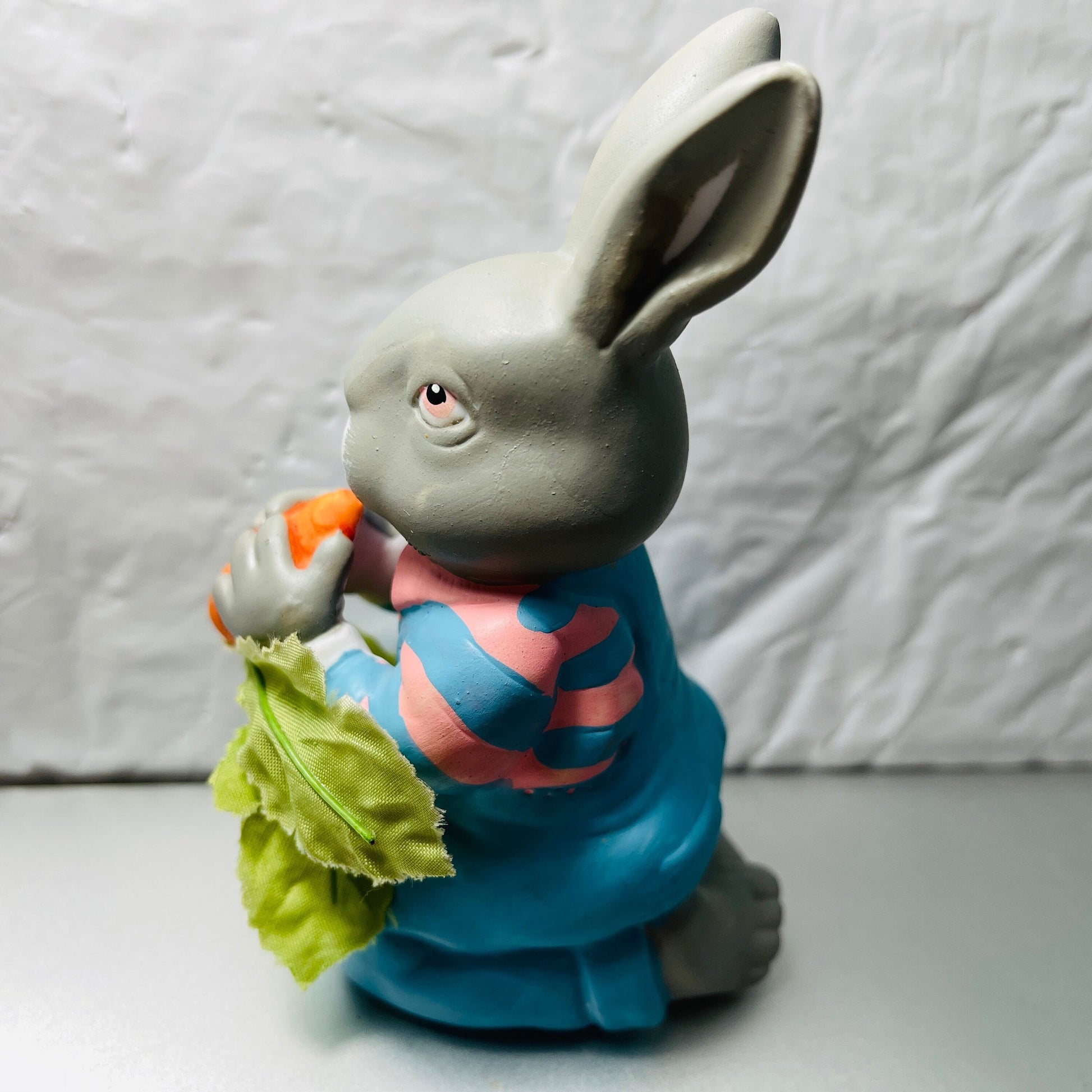 Department 56, Bunny Rabbit In Overalls & Striped Sweater, Eating A Carrot, with silk leaves*