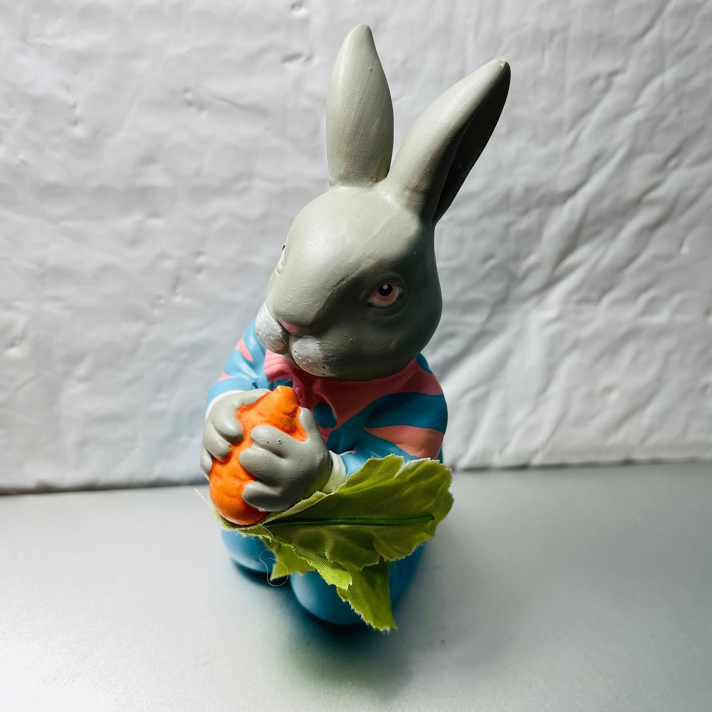 Department 56, Bunny Rabbit In Overalls & Striped Sweater, Eating A Carrot, with silk leaves*