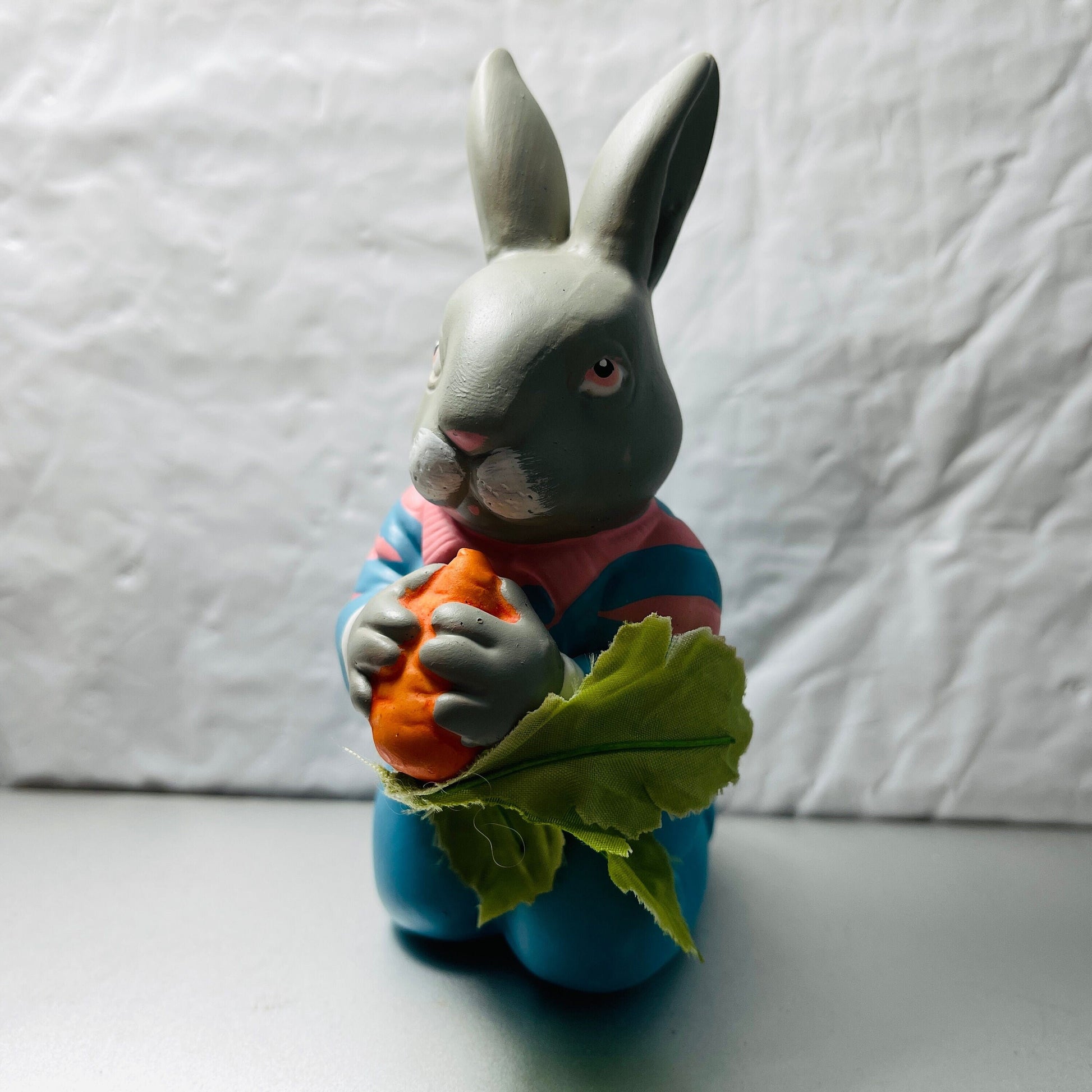 Department 56, Bunny Rabbit In Overalls & Striped Sweater, Eating A Carrot, with silk leaves*