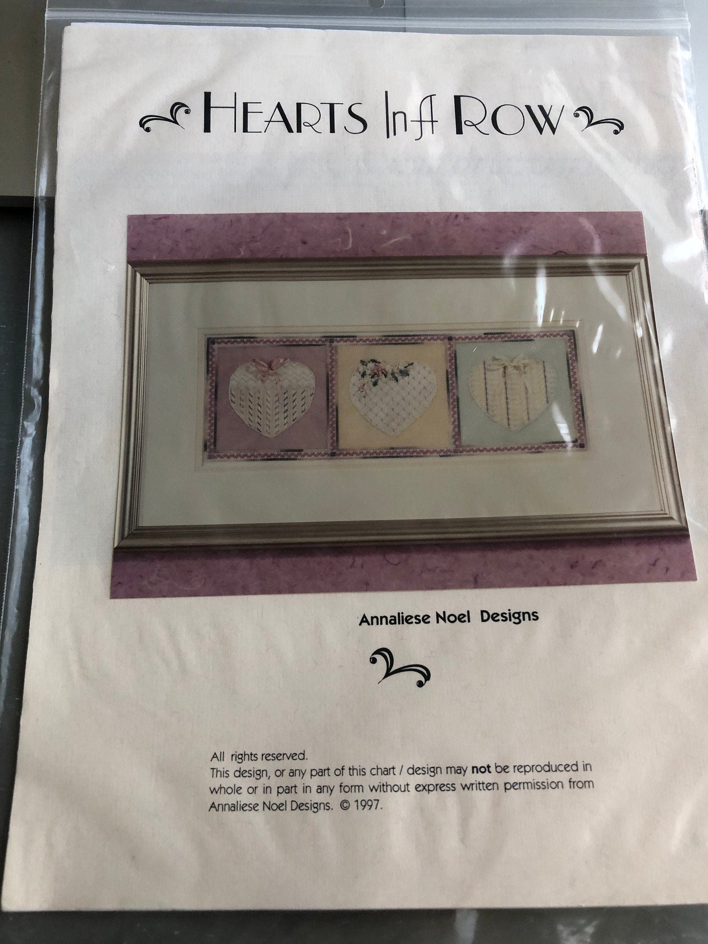 Annaliese Noel Designs, Hearts In A Row, Vintage 1997, Counted Cross Stitch Chart with Embellishments