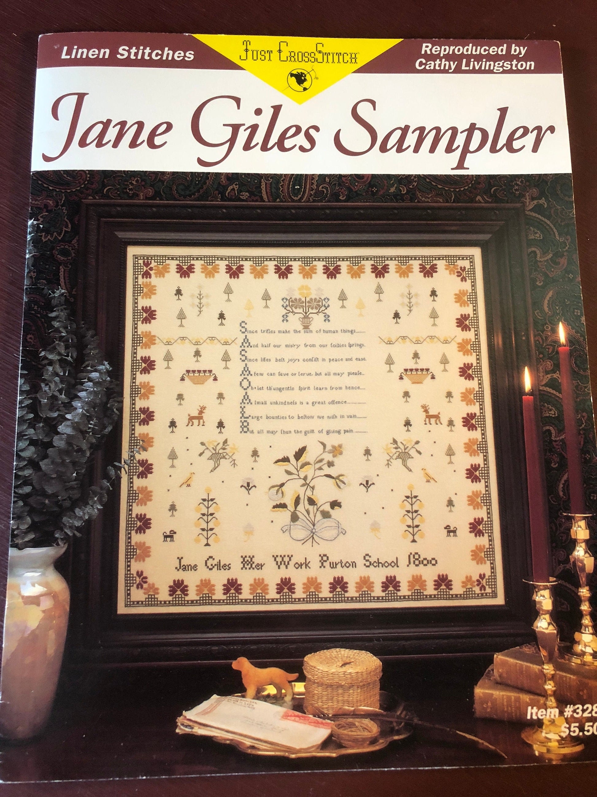 Just Cross Stitch, Jane Giles Sampler, Vintage 1993, Counted Cross Stitch Pattern, 27 by 30 Inch, 35 Count, Tea Dyed, Linen Included